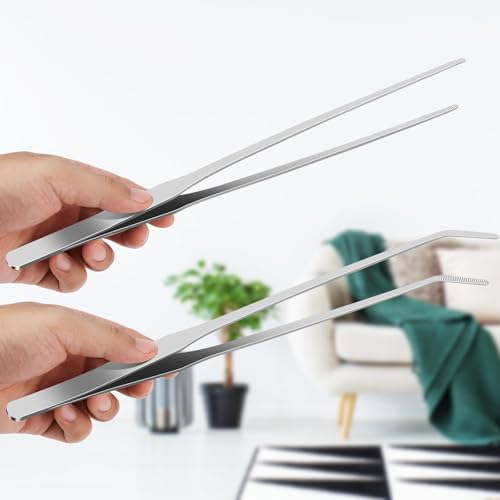 2pc-10.6"Aquarium Tweezers,Stainless Steel Straight and Curved Tweezers Set,Long Handle Reptile Feeding Tongs for Lizards, Bearded Dragon Snake Tank Accessories (Silver) - color: Silver