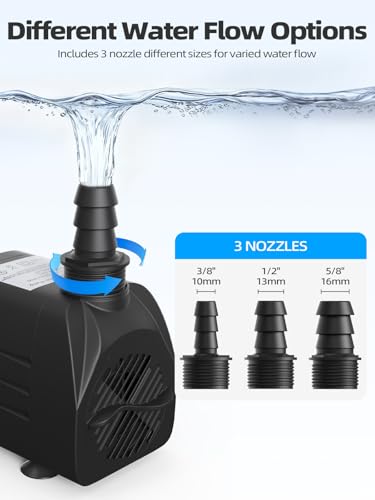 400 GPH Fountain Pumps Submersible, With 6.56 Ft Tubing + 3 Nozzles | 6.56 Ft Power Cord (1500L/H, 25W) Outdoor Water Fountain, Fish Tank, Small Pond, Aquarium, Hydroponics, Statue Pool & Garden