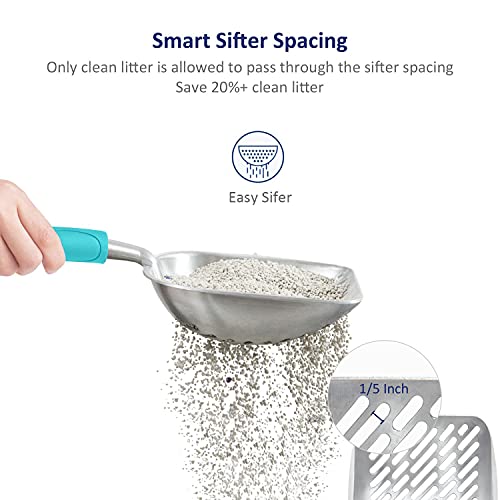 Cat Litter Scoop, Aluminum Alloy Sifter, Kitty Metal Scooper, Deep Shovel with Diagonal Sifting Hole, Long Handle, Kitten Poop Lifter for Litter Box, Large Size, Turkish Blue Handle - color: #02 Turkish Blue, size: Large