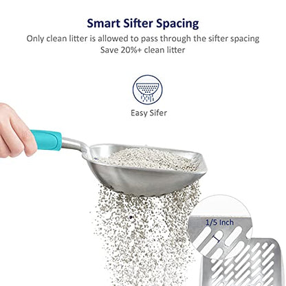 Cat Litter Scoop, Aluminum Alloy Sifter, Kitty Metal Scooper, Deep Shovel with Diagonal Sifting Hole, Long Handle, Kitten Poop Lifter for Litter Box, Large Size, Turkish Blue Handle - color: #02 Turkish Blue, size: Large