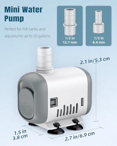 Pawfly Small Fountain Pump, 130 GPH Submersible Water Pump for Fountain, 8 W Mini Water Pump with 2.6 ft. High Lift, Quiet Water Fountain Pump for Aquarium Fish Tank & Waterfall - size: 130 GPH