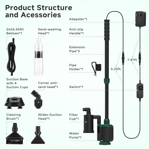 AQQA 6-in-1 Aquarium Gravel Cleaner, 600GPH Adjustable Water Flow Aquarium Vacuum | Electric DC Fish Tank Cleaner, Extendable Length, Supports Changing Water, Washing Sand, Water Filtering and Circulation