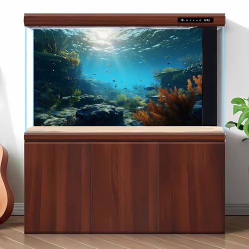 Ocean Floor Fish Tank Background Underwater Rock Aquarium Background Under The Sea Terrarium Backgrounds Aquatic Plants Sunlight Fish Tank Backgrounds Tropical Fish Aquarium Wallpaper 24x12in - color: Ocean Blue, size: 24(W)x12(H)inches/ 60(W)*30cm(H)