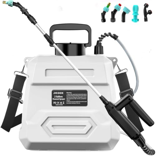 DEGGE Battery Powered Sprayer 2 Gallon, 7.4V Powerful Electric Pump Sprayer | Weed Killer Sprayers with Rechargeable Handle & 5 Mist Nozzles & Retractable Wand & Adjustable Strap for Lawn, Garden, Yard - color: White