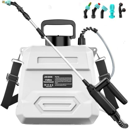 DEGGE Battery Powered Sprayer 2 Gallon, 7.4V Powerful Electric Pump Sprayer | Weed Killer Sprayers with Rechargeable Handle & 5 Mist Nozzles & Retractable Wand & Adjustable Strap for Lawn, Garden, Yard - color: White