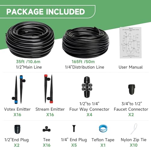 Riboud Quick-Connect 200FT Drip Irrigation System Kit, Automatic Garden Plant Watering System for Greenhouse, Yard, Lawn, with 1/2 inch 1/4 inch Irrigation Tubing Hose and Accessories - size: 200FT