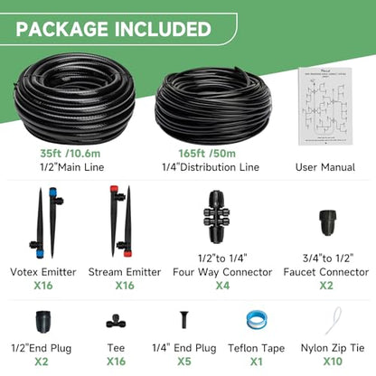 Riboud Quick-Connect 200FT Drip Irrigation System Kit, Automatic Garden Plant Watering System for Greenhouse, Yard, Lawn, with 1/2 inch 1/4 inch Irrigation Tubing Hose and Accessories - size: 200FT