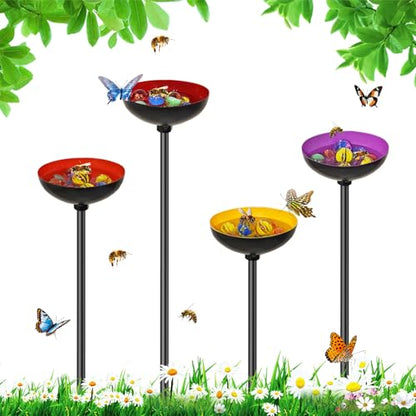 4 Pack Metal Bee Butterfly Watering Station for Garden | With Glass Marbles, Ellipse Design,Bee Butterfly Feeder for Outdoor Yard Patio Decor,Yellow Purple Red Orange - style: 4pcs Yellow Purple Red Orange