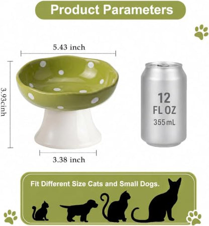 Mushroom Cat Bowl, Elevated Ceramic Cat Bowl, Avocado Green | Cute Mushroom Design • Avocado Green • Elevated Feeding • Whisker Friendly • Smooth Ceramic - color: Avocado Green