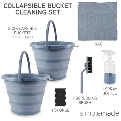 SIMPLEMADE Collapsible Bucket Cleaning Set - Includes 2 Foldable Buckets, Spray Bottle, Rag, Scrubbing Brush and Sponge - Holds Up to 10 liters, Easy Storage, All-Purpose Cleaning Solution - color: Blue