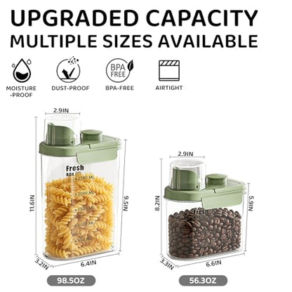 Air Tight Cereal Container Organizer-2PC 98.5oz Food Storage Container with Outlet Measuring Cup Lid, Ideal for Dry Food, Rice, Sugar, Pet Food dispenser - BPA free（Green） - color: Green-2.8L*2