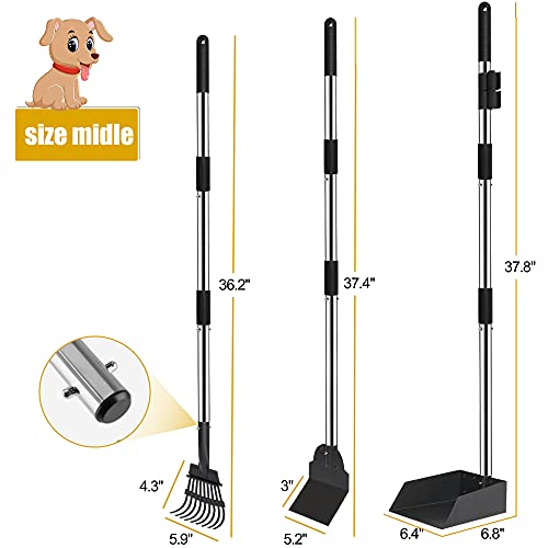 Pooper Scooper for Dogs, Metal Poop Scooper Tray and Rake Set with Adjustable Long Handle, Dog Pooper Scooper for Pet Waste Removal - color: Silver & Black