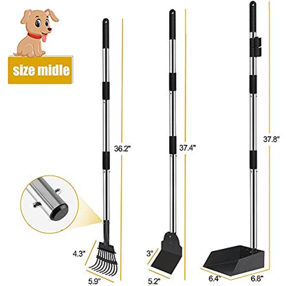 Pooper Scooper for Dogs, Metal Poop Scooper Tray and Rake Set with Adjustable Long Handle, Dog Pooper Scooper for Pet Waste Removal - color: Silver & Black