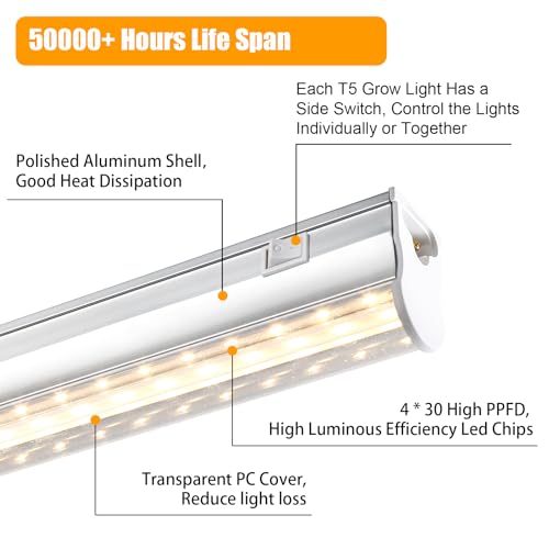 T5 1FT 0.3M 6W×4 Warm Light 3000K Grow Light Tubes,Full Spectrum LED Grow Lights,6W Energy Efficient,Plug & Play,for Hydroponics/Soil Seedlings Vegetables Herbs Flower (4 Packs) - color: Warm Light