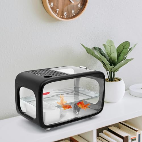 Desktop Fish Tank, 3.2Gal Small Betta Fish & Turtle Tanks, Aquarium Bowl with Detachable Basking Platform, Multi-Functional Areas Aquascape Tanks for Fish Terrapin Frog Shrimp Crab (Black) - color: Black