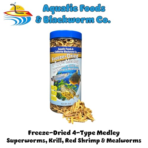 4-Type Medley Freeze Dried Superworms, Krill, Shrimp, Mealworms... 5oz Can | 4-Type Freeze-Dried Medley for Monster Fish, Reptiles, Turtles, Tortoises, Frogs, Hamsters, Birds, Rodents - size: 5 Ounce (Pack of 1)