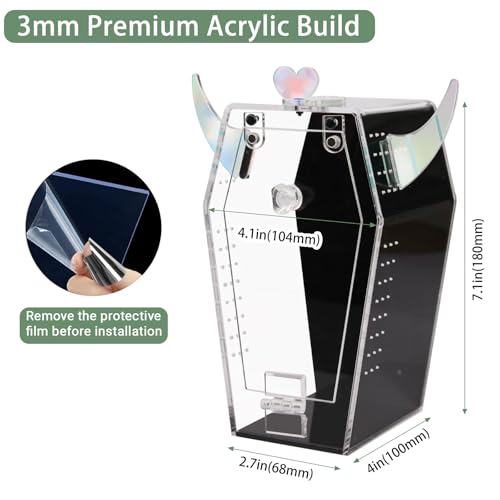 Acrylic Jumping Spider Enclosure，3mm Clear Coffin Terrarium with Magnetic Door & Feeding Hole, Secure Habitat for Jumping Spiders, Mantis, Small Tarantulas