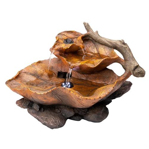 Alpine Corporation 9" Tall Indoor Tabletop Tiered Leaf Hand-Painted Fountain with LED Lights - color: Brown, size: 9"H