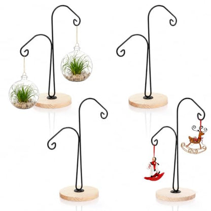 WRINGKIT 4 Pack Ornament Display Hanger Stand, Wood Base, Double Hook-Style | Sturdy Ornament Holder, Metal Air Plant Flower Pot Hanging Terrarium Stand for Christmas Halloween Decoration, Glass Globe