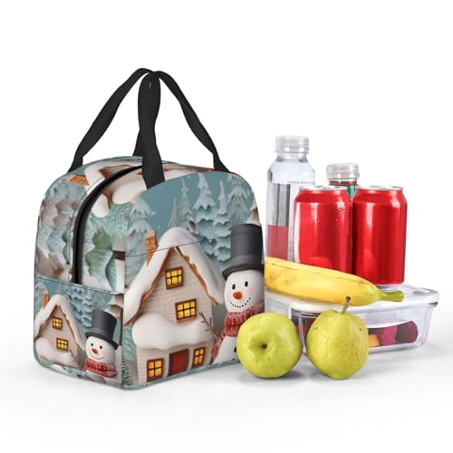 Insulated Lunch Bag Snowman and Village Lunch Box for Women Men Reusable Leakproof Lunch Cooler Bag for Office Picnic - color: Snowman And Village