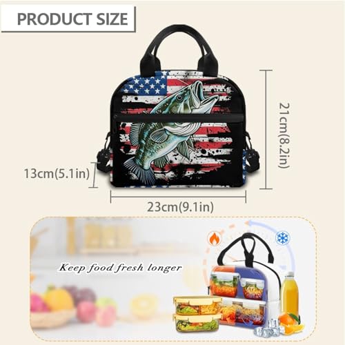 Kids Lunch Bag American Flag Fishing Print: Insulated Interior Fits Sandwich + Fruit + Water Bottle - Keeps Fresh - Ideal for Independence Day Picnic, Boat Trip & Fishing Adventure - color: American Flag Fishing Print