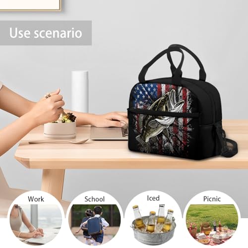 Kids Lunch Bag for Boys American Flag Fishing: Heavy-Duty Main Compartment Holds Full Meal + Drink - Keeps Cool - Good for Outdoor Camping, Fishing Trips & Summer Camp - color: American Flag Fishing