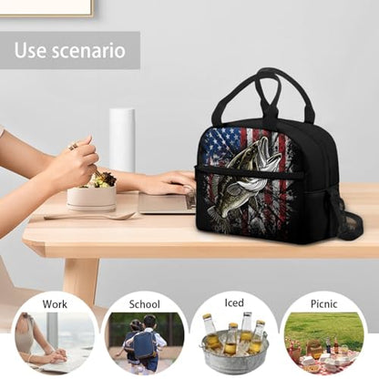 Kids Lunch Bag for Boys American Flag Fishing: Heavy-Duty Main Compartment Holds Full Meal + Drink - Keeps Cool - Good for Outdoor Camping, Fishing Trips & Summer Camp - color: American Flag Fishing