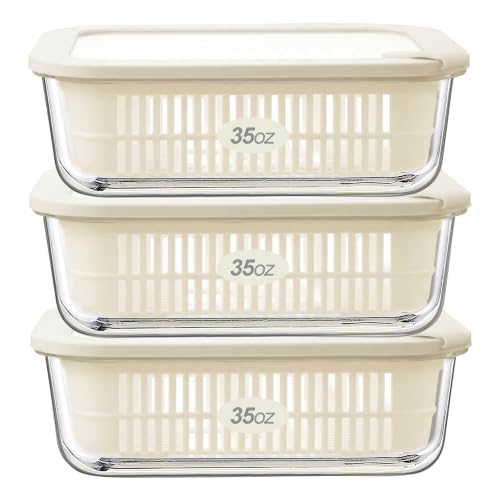 Glass Food Storage Containers with Glass Lids, Microwave Safe Food Container Set, Aitight Meal Prep Container Set, BPA Free, 3 extra Colanders, LeakProof, 3 Pack of 35oz - color: Ivorywhite-3RT