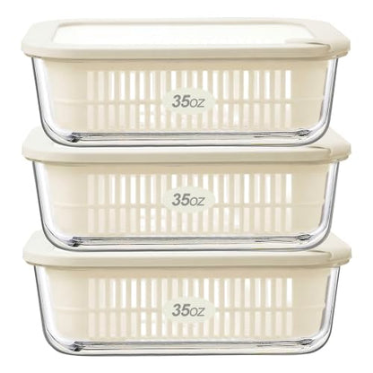 Glass Food Storage Containers with Glass Lids, Microwave Safe Food Container Set, Aitight Meal Prep Container Set, BPA Free, 3 extra Colanders, LeakProof, 3 Pack of 35oz - color: Ivorywhite-3RT