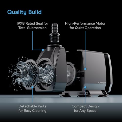 AC Infinity 850 GPH Submersible Water Pump (3218 L/H 36W) | Ultra Quiet Fountain Pump w/ 3 ft High Lift, 5 ft Power Cord, for Fish Tanks, Aquariums, Fountains, Statuaries, Ponds, Pools - size: 850 GPH