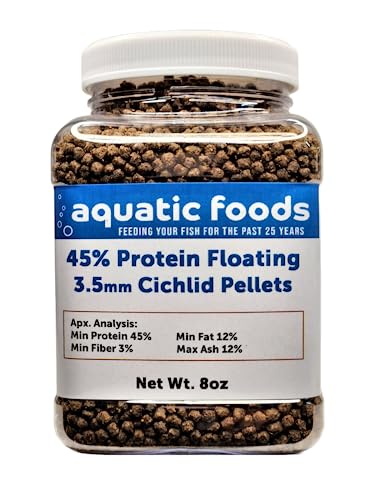 Cichlid Pellets, 45% Protein Floating 3.5mm (9/64") Pellets for Discus,Oscars, Central American, South American Cichlids…8oz Small Jar - size: 8 Ounce (Pack of 1)