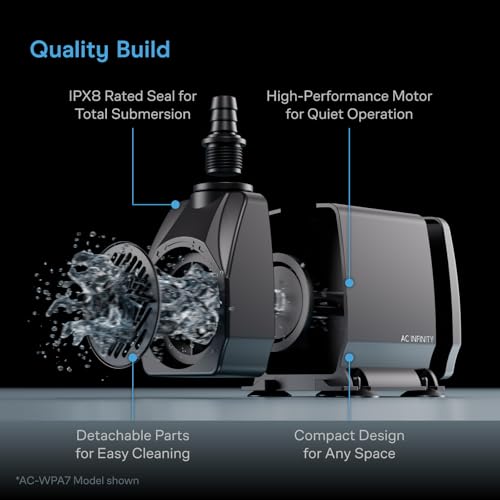 AC Infinity 150 GPH Submersible Water Pump (568 L/H, 8W) | Ultra Quiet Fountain Pump w/ 3 ft High Lift, 5 ft Power Cord, for Fish Tanks, Aquariums, Fountains, Statuaries, Ponds, Pools - size: 150 GPH