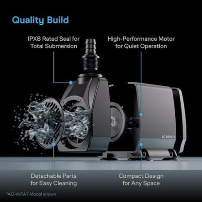 AC Infinity 150 GPH Submersible Water Pump (568 L/H, 8W) | Ultra Quiet Fountain Pump w/ 3 ft High Lift, 5 ft Power Cord, for Fish Tanks, Aquariums, Fountains, Statuaries, Ponds, Pools - size: 150 GPH