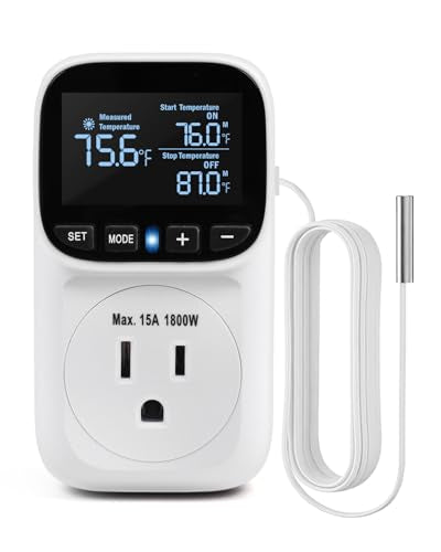 Digital Temperature Controller, Heating Cooling Thermostat Outlet | –40℉~210℉, Heavy Duty 15A 1800W Plug in Thermostat with LCD Display, Temperature Controlled Outlet for Homebrew Greenhouse - style: White