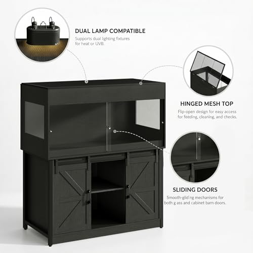 120 Gallon Reptile Tank with Stand, 4x2x2 Reptile Enclosure | with Sliding Acrylic Doors, Outlet, Cabinet,Bearded Dragon Tank, Reptile Terrarium for Snakes, Lizards, Geckos Black CAGE009B