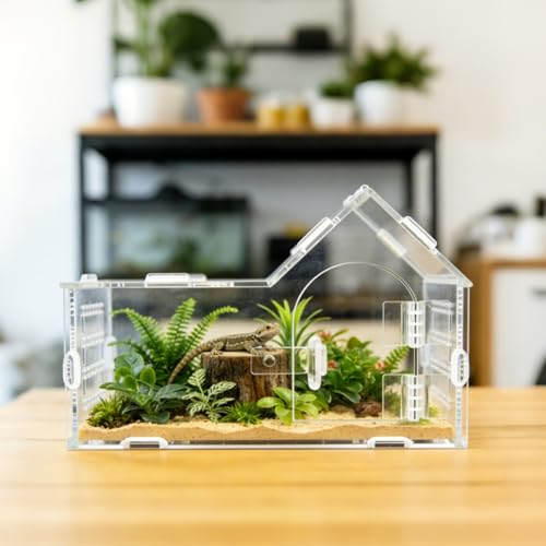 Mini Reptile Terrarium, Magnetic Acrylic Enclosure with Mushroom House Easy-Feed Hole & Front Opening for Bearded Dragon & Leopard Print Palace Guard Habitat (Reptile Terrarium A)