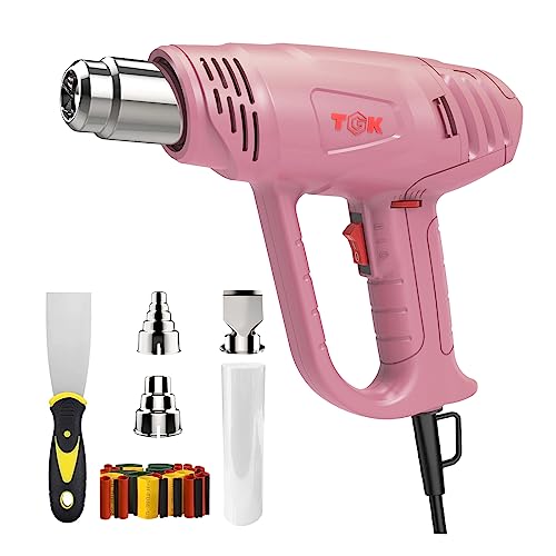 Heat Gun, TGK® 1800W Heavy Duty Hot Air Gun Kit 122℉~1202℉ Dual Temperature Settings with 6 Nozzle Attachments Overload Protection for Crafts, Shrink Wrapping/Tubing, Paint Removing, Epoxy Resin - color: Pink