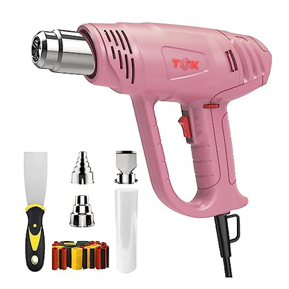 Heat Gun, TGK® 1800W Heavy Duty Hot Air Gun Kit 122℉~1202℉ Dual Temperature Settings with 6 Nozzle Attachments Overload Protection for Crafts, Shrink Wrapping/Tubing, Paint Removing, Epoxy Resin - color: Pink
