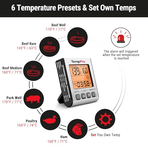 TempPro TempTrack Digital Meat Thermometer for Cooking and Grilling | BBQ Food Thermometer with Backlight and Kitchen Timer, Grill Temperature Probe Thermometer for Smoker, Oven, Baking, Oil - color: Light Silver