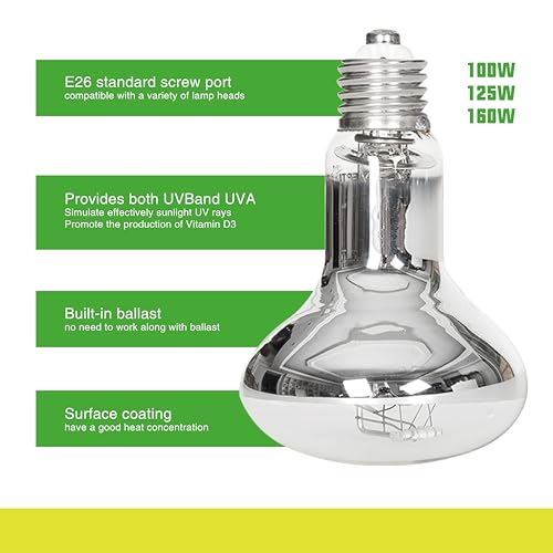 160W Heat UVA UVB Reptile Light, Full Spectrum Self-Ballasted Vapor Basking Sunlight Bulb for Reptile and Amphibian Use E26 1 Pack - size: 160