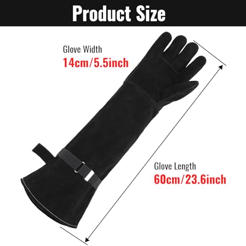 Animal Handling Gloves Bite Proof, Thickened Leather Cat Gloves for Scratching, Falconry, Welding, 23.6 inch Black - color: Black