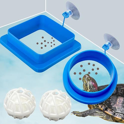 2pcs Aquatic Turtle Tank Accessories Feeding Ring and 2pcs Nitrifying Balls Set, Fish Food Holder and Aquatic Toys for Turtles Tortoise Goldfish Guppy Koi Puffer (Blue, Square+Round) - size: Square+Round