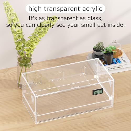 Acrylic Tarantula Enclosure, Reptile Terrarium Breeding Tank w/Temperature Hygrometer,Habitat Reptiles Feeding Box Isopod Terrarium Cage for Insect Lizard Home Office (Reptile-Tank-L(Tray)) - size: Reptile-Tank-L(Tray)