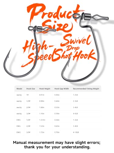 40-Pack Swivel Drop Shot Hooks, Weedless Wide Gap Quick Clip Hooks, Premium Carbon Steel Sharp Anti-Twist Rust-Proof Fishing Hooks, Easy Rigging for Bass Senko Worms Wacky Finesse Fishing - size: EWG 2/0