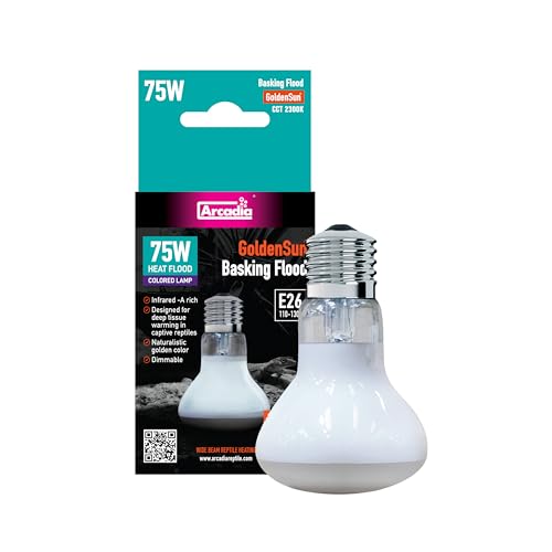 Arcadia Golden Sun Basking Flood Lamp 75W – Wide Beam Infrared Reptile Heat Lamp Bulb for Bearded Dragons, Tortoises, Iguanas and Turtle Tanks, Long Lasting Easy to Use Indoor Heat Bulb for Reptiles