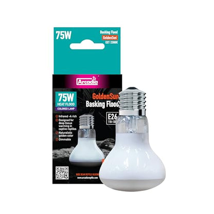 Arcadia Golden Sun Basking Flood Lamp 75W – Wide Beam Infrared Reptile Heat Lamp Bulb for Bearded Dragons, Tortoises, Iguanas and Turtle Tanks, Long Lasting Easy to Use Indoor Heat Bulb for Reptiles
