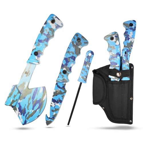 Snake Eye Tactical Heavy Duty 3PC Hunting & Camping Set – Full Tang Camping Axe, 9.5" Fixed Blade Gut Hook Knife, Sharpening Rod, and Heavy Duty Nylon Combo Sheath Included (Blue Camo) - color: Blue Camo