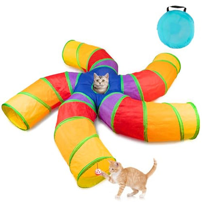Depets Cat Tunnel for Indoor Cats, Large Collapsible Cat Tube Toys, 5-Way | Pet Play Tunnel with Interactive Peephole & Play Ball, S-Shaped, for Kittens Puppies Rabbits Indoor Exercise, Polyester