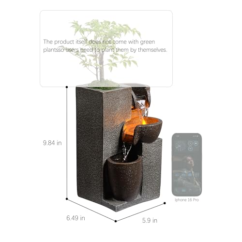 Resin Tabletop Waterfall Fountain with LED Light & Plant Pot, Indoor Desk Water Fountains for Home Office Decor (22028N)