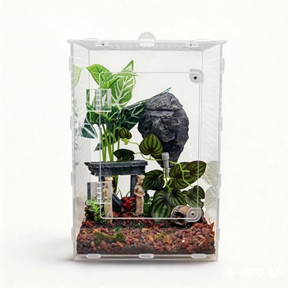 Reptile Water Dish with Dripper, Adjustable Wall-Mounted Water Bowl for Terrarium Humidity Control - Natural Rock Decor Feeding & Watering Dish for Gecko, Lizard, Snake, Frog & Small Reptiles